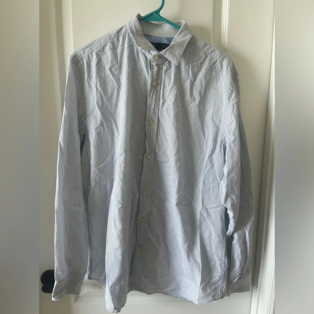 Banana Republic Men Large Blue & White Dotted Soft Wash Tailored Slim Fit Shirt